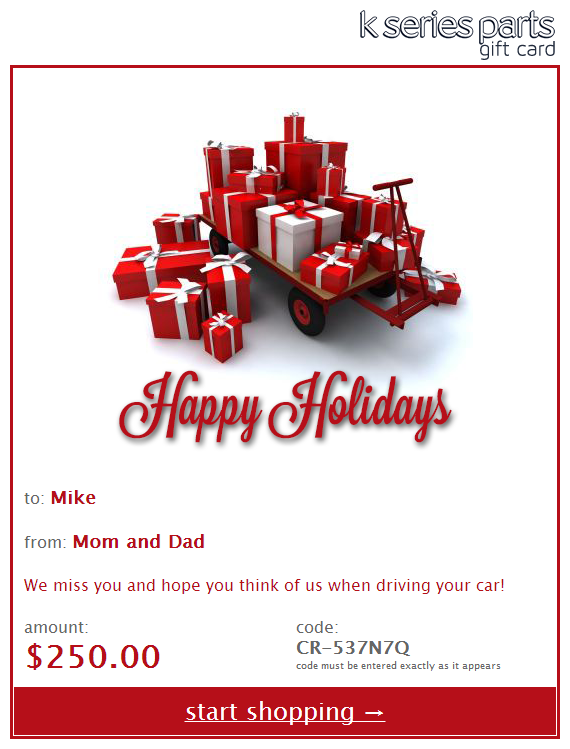K Series Parts Happy Holidays Gift Card