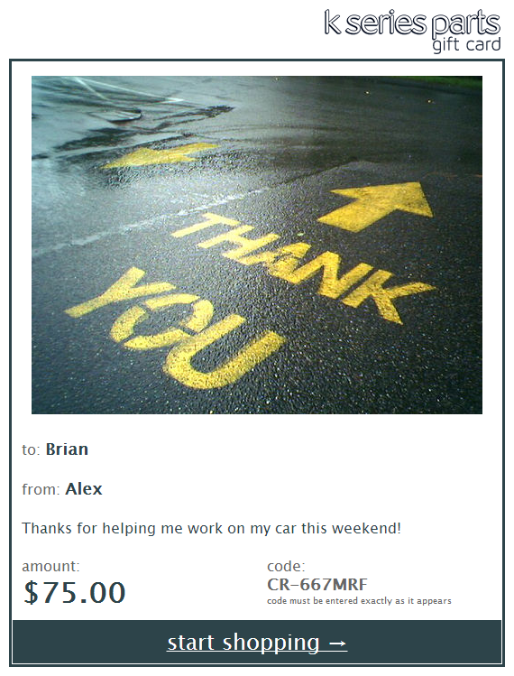 K Series Parts Thank You Gift Card