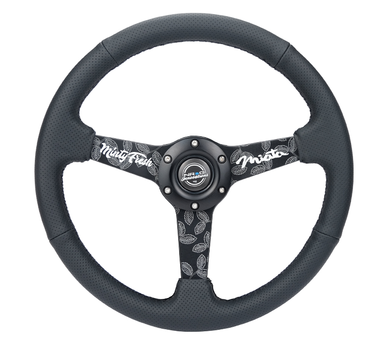 NRG 350mm Black Leather Etched Minty Fresh Black Spoke Steering Wheel