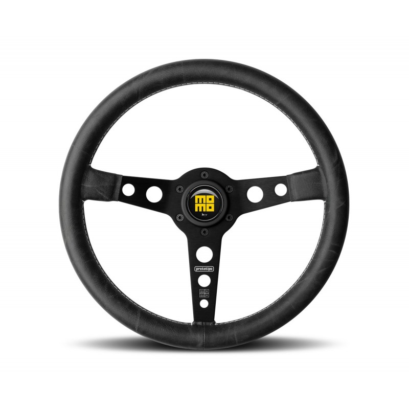 MOMO 350mm Black Leather Black Spoke Prototipo Steering Wheel