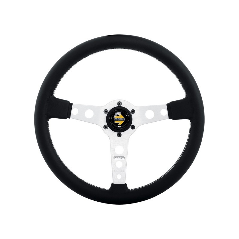 MOMO 350mm Black Leather White Stitch Brushed Spokes Prototipo Steering Wheel