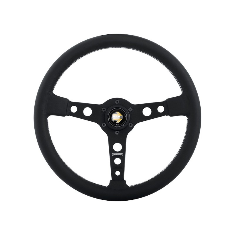 MOMO 350mm Black Leather White Stitch Black Spokes Prototipo Steering Wheel