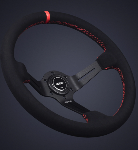 35パイ クリスタル　レッド　ステアリング DND 350mm Alcantara Black 75mm Deep Red Stitching Race Steering