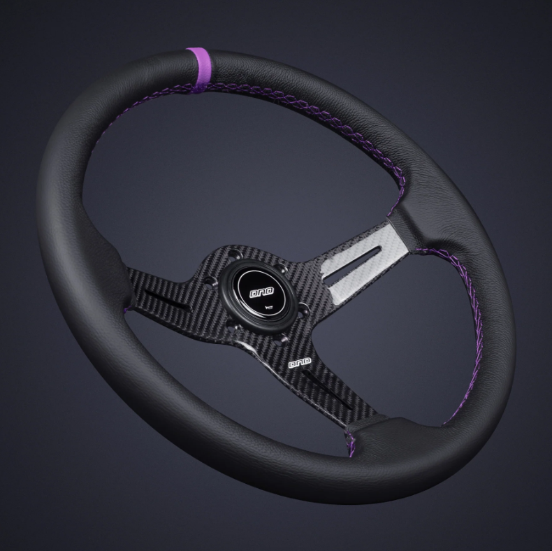DND 350mm Leather 60mm Deep Purple Stitching Carbon Spoke Race Steering Wheel