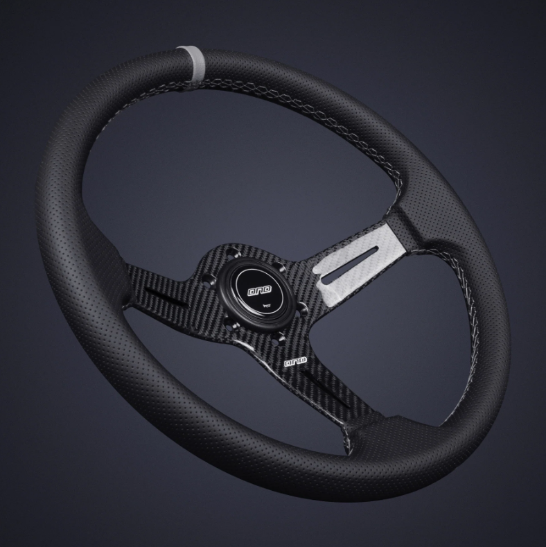 DND 350mm Perforated Leather 60mm Deep Grey Stitching Carbon Spoke Race Steering Wheel