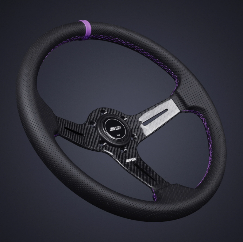 DND 350mm Perforated Leather 60mm Deep Purple Stitching Carbon Spoke Race Steering Wheel