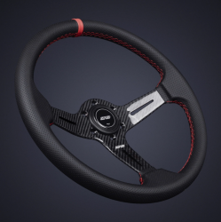 DND 350mm Perforated Leather 60mm Deep Red Stitching Carbon Spoke Race Steering Wheel