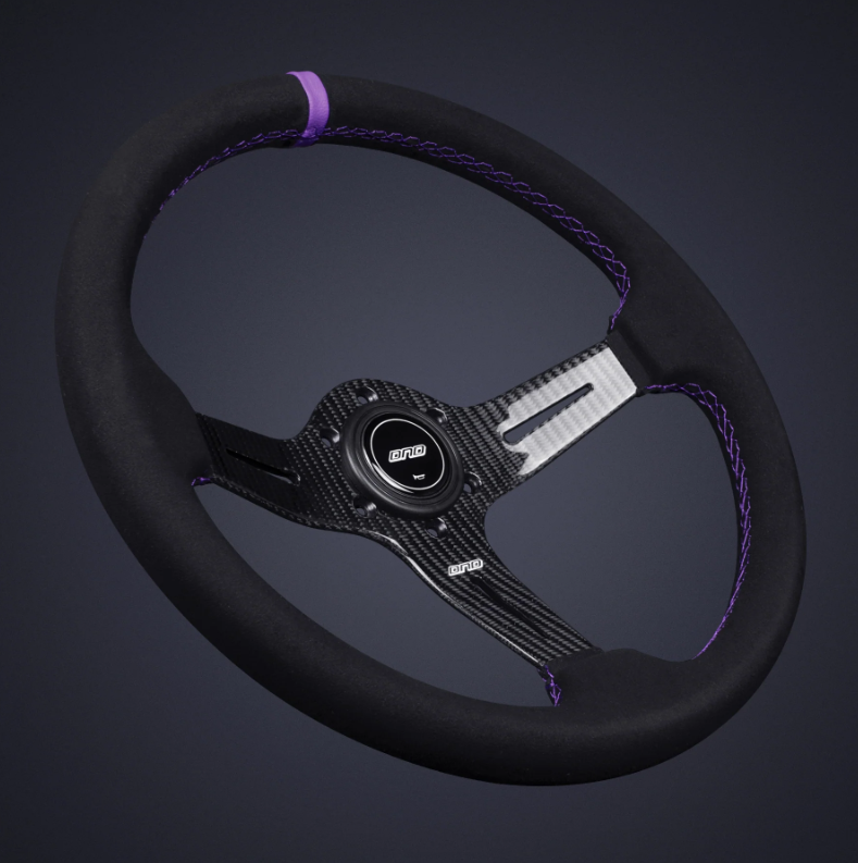 DND 350mm Suede 60mm Deep Purple Stitching Carbon Spoke Race Steering Wheel