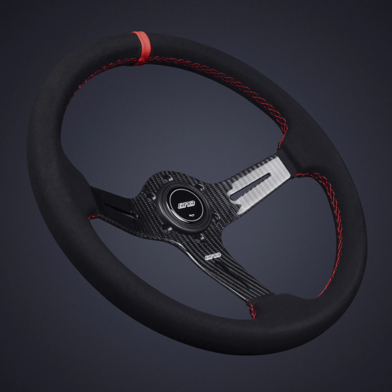 DND 350mm Suede 60mm Deep Red Stitching Carbon Spoke Race Steering Wheel