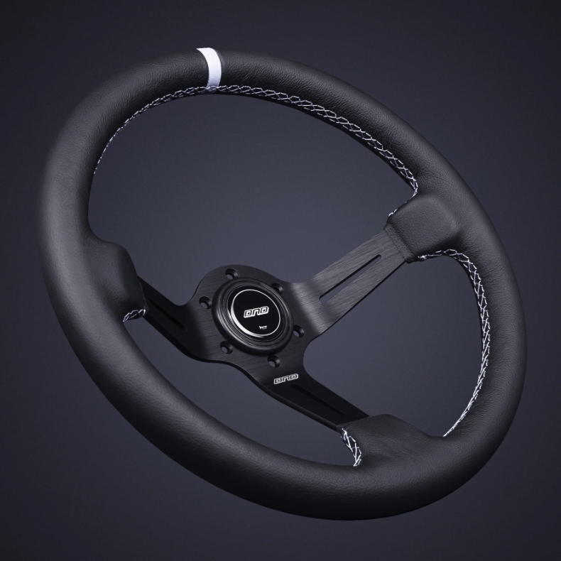 DND 350mm Leather 75mm Deep White Stitching Race Steering Wheel
