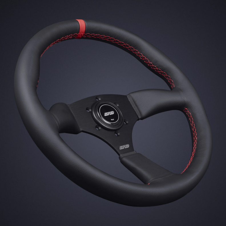 DND 350mm Leather 50mm Deep Red Stitching Touring Steering Wheel