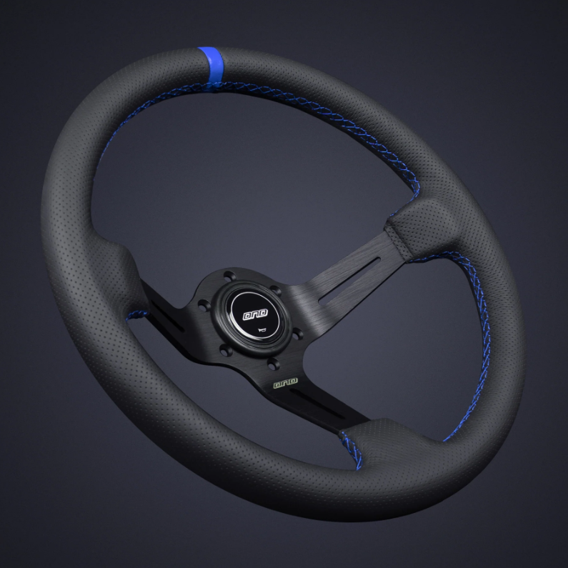 DND 350mm Perforated Leather 75mm Deep Blue Stitching Race Steering Wheel