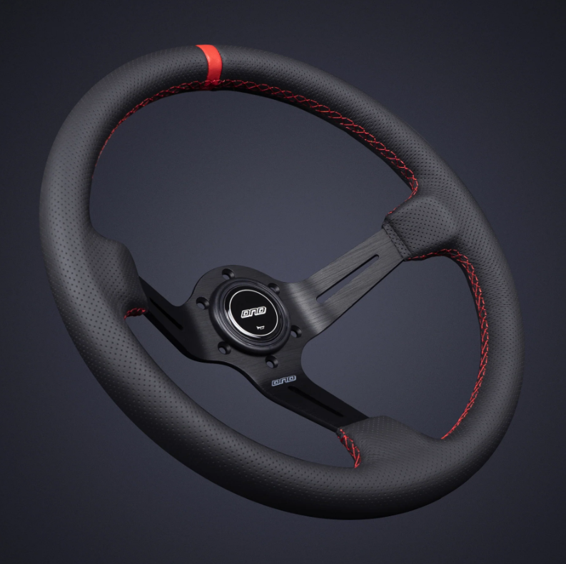 DND 350mm Perforated Leather 75mm Deep Red Stitching Race Steering Wheel