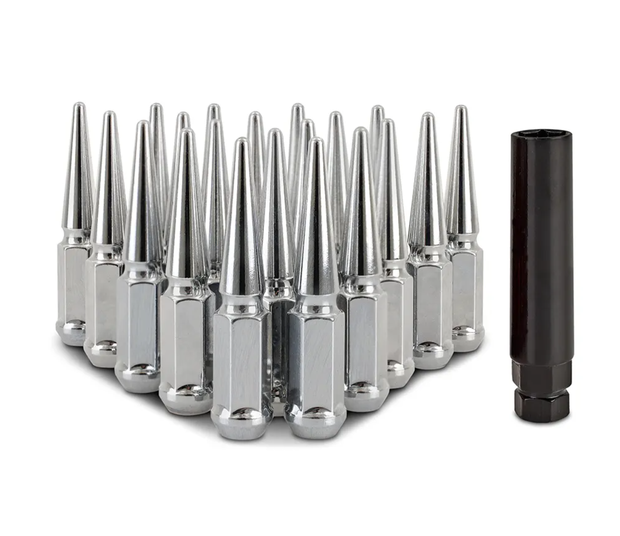 20pc Chrome Spike Lug Nuts M12x1.5 – 4.5" Tall – Solid SCM Steel – Cone Seat – CTM