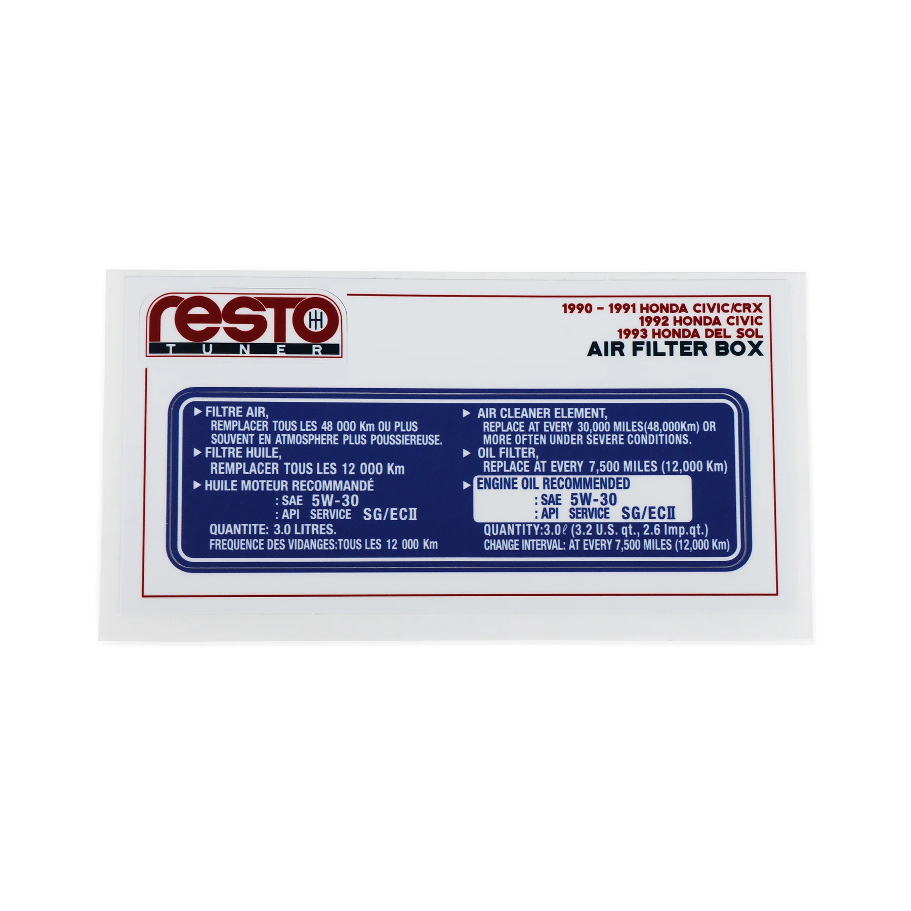 RestoTuner 90-91 Honda Civic/CRX Air Filter Box Replacement Decal