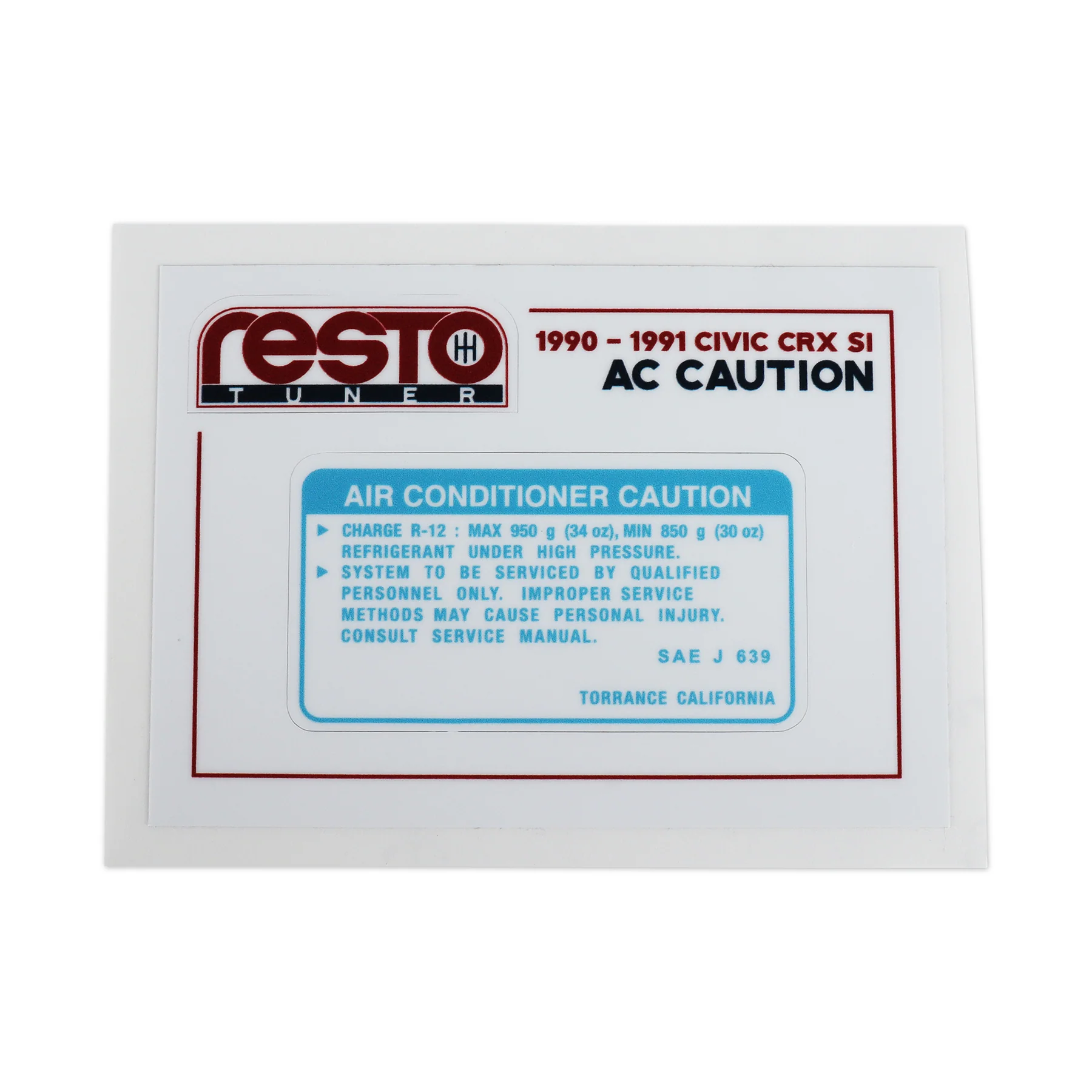 RestoTuner 90-91 Civic & CRX Si A/C Replacement Decal