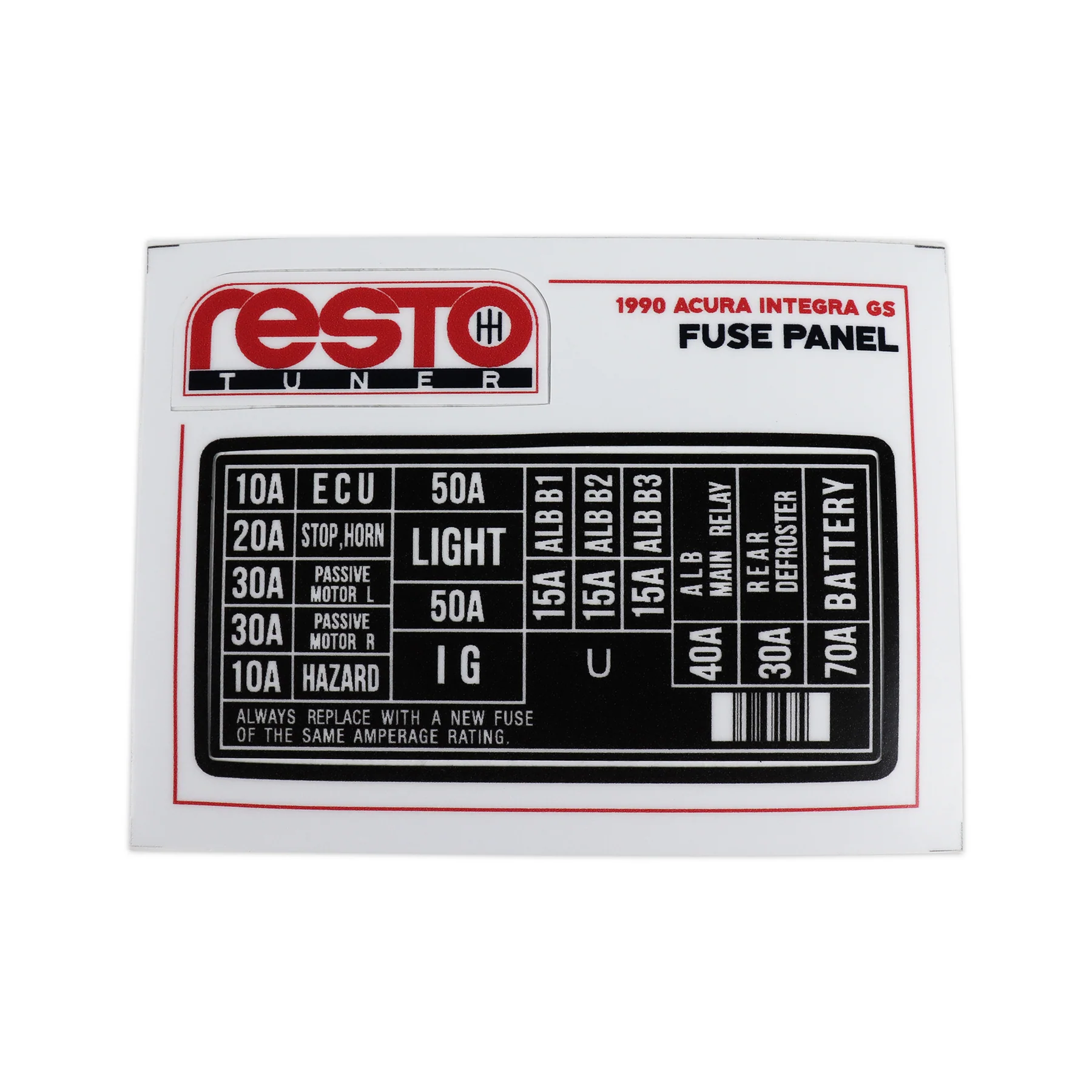 RestoTuner 90 Integra GS Engine Fuse Replacement Decal