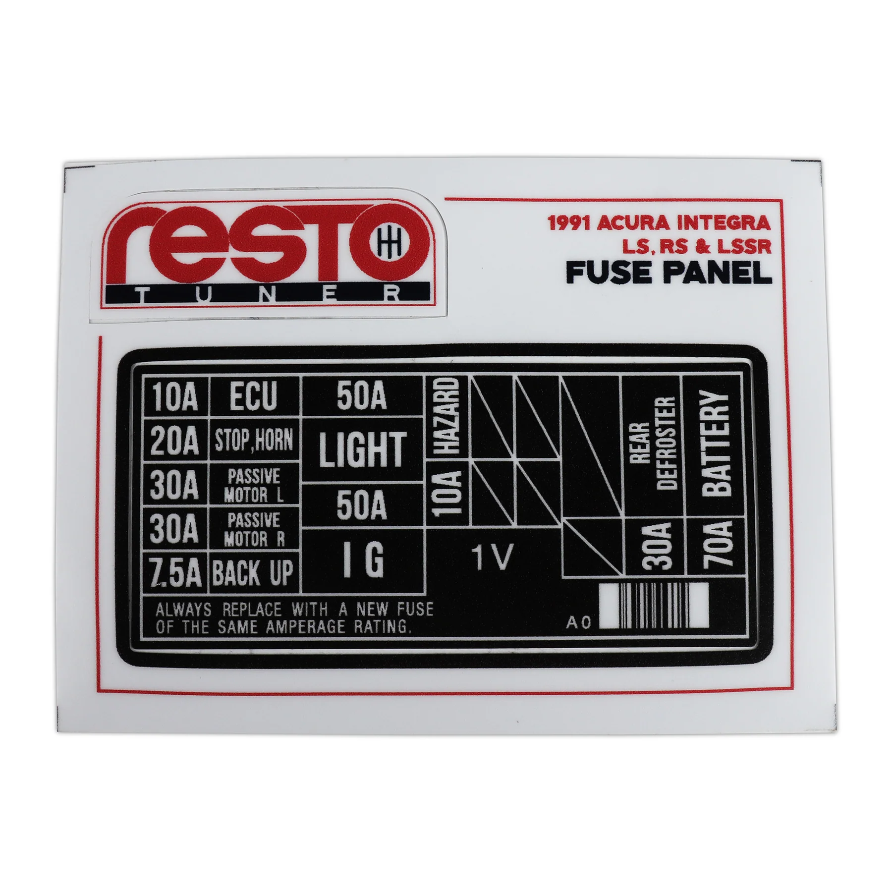 RestoTuner 91 Integra LS/RS/LSSR Engine Fuse Replacement Decal