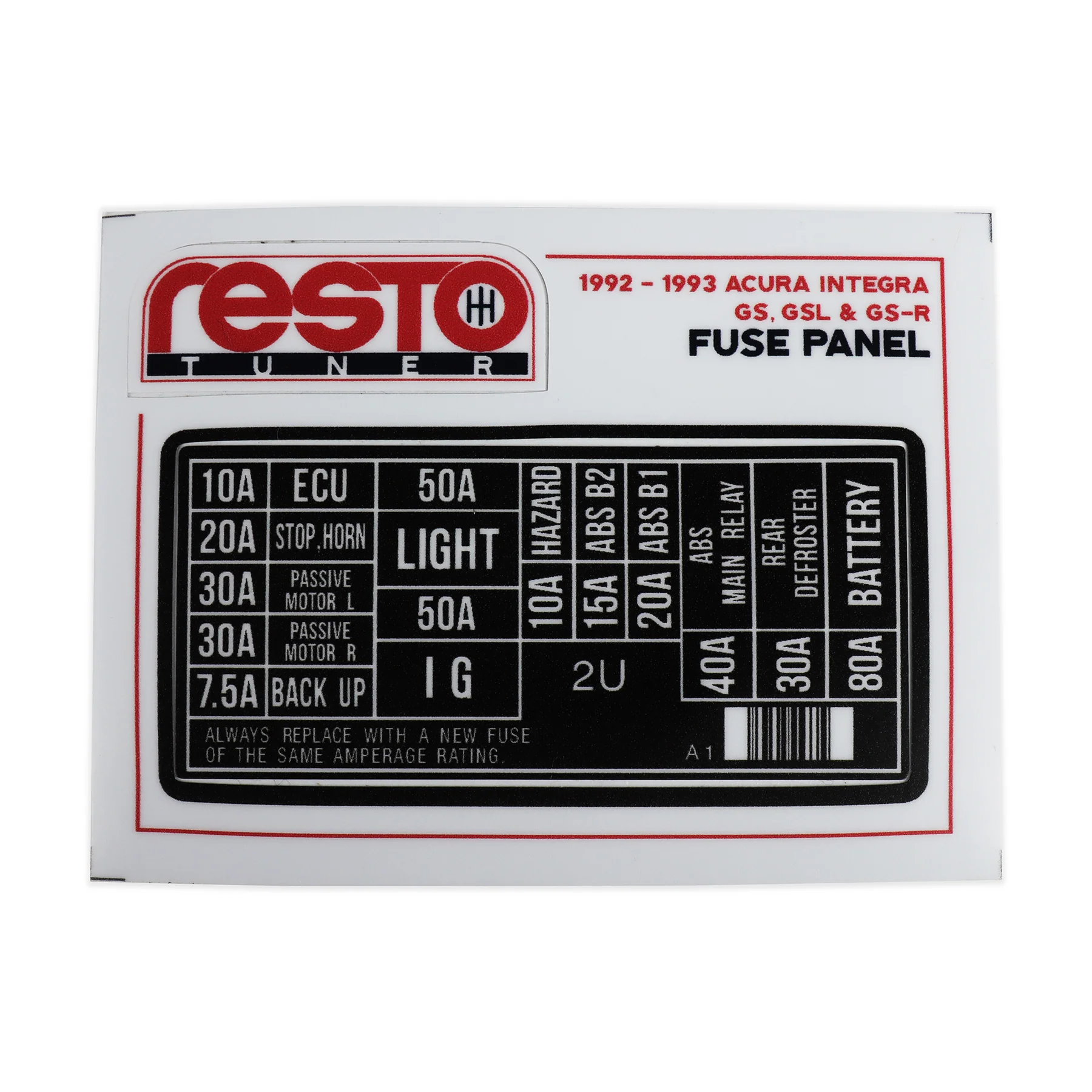 RestoTuner 92-93 Integra GS/GSL/GSR Engine Fuse Replacement Decal