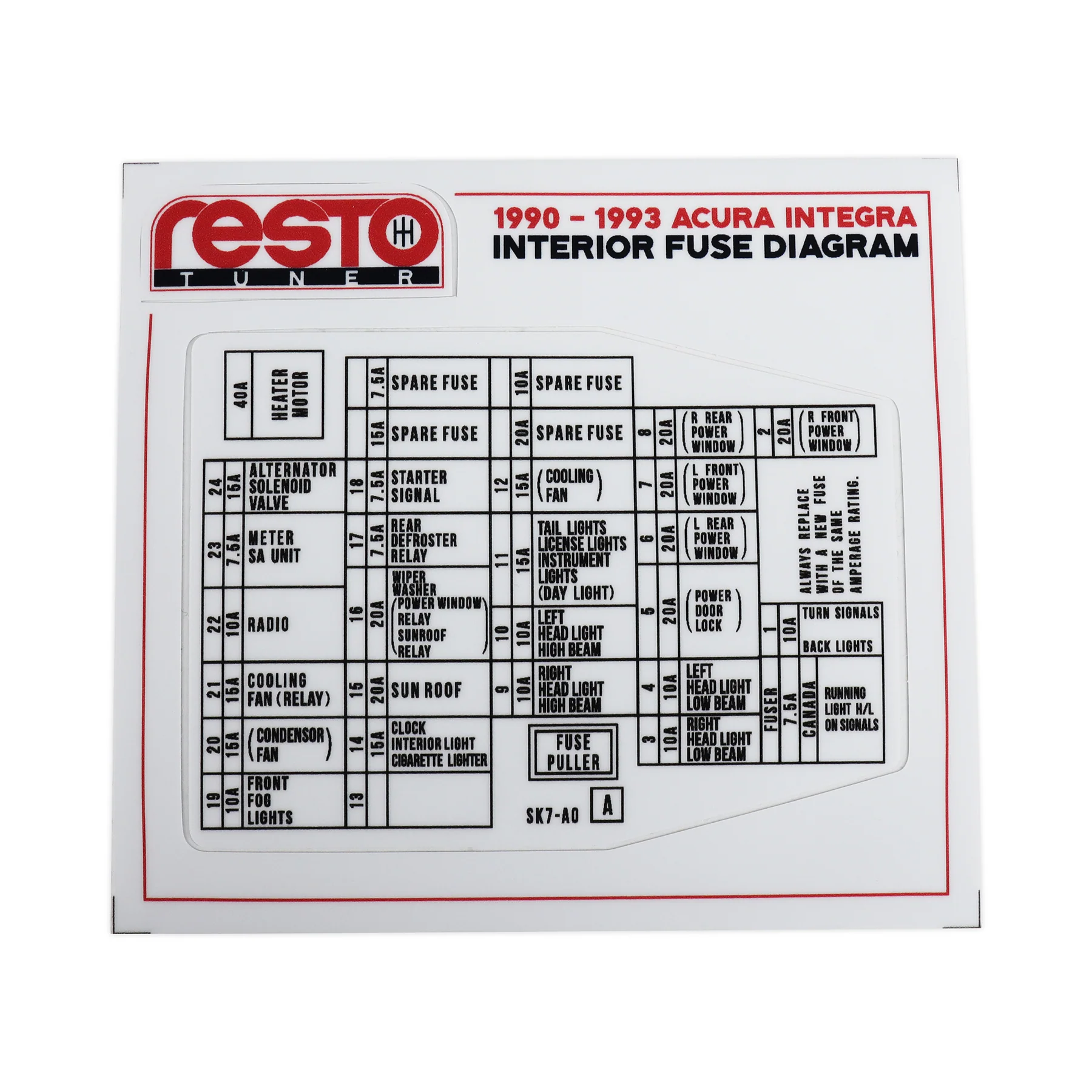 RestoTuner 90-93 Integra Interior Fuse Replacement Decal