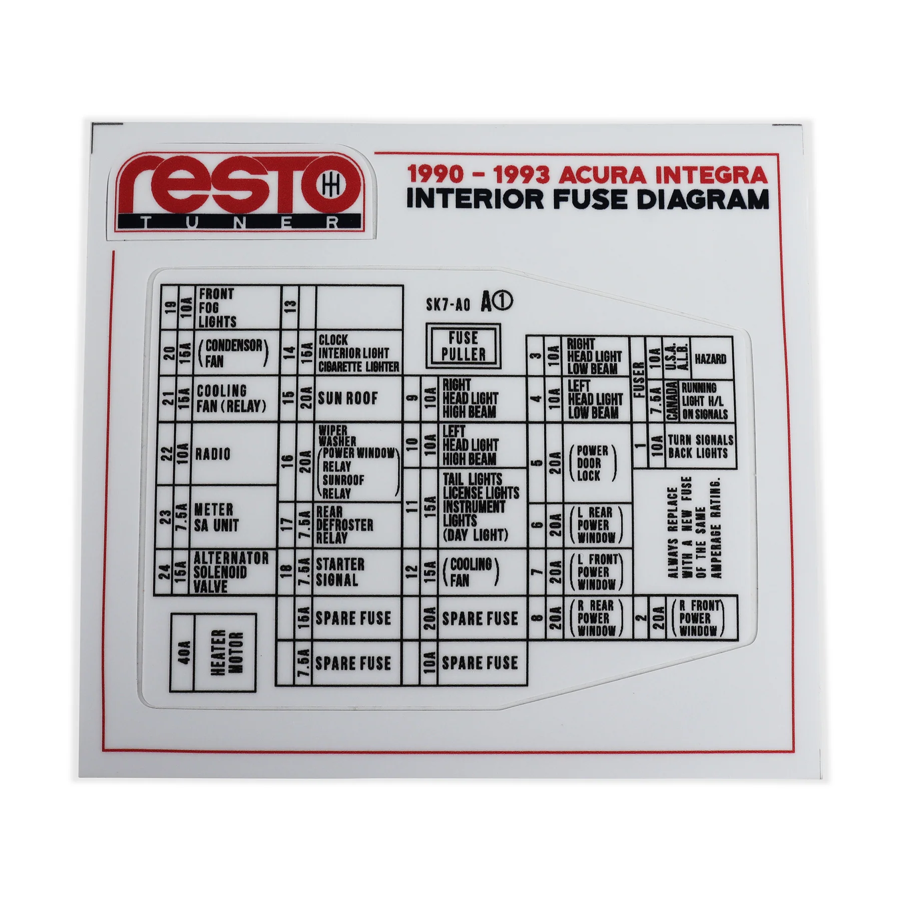 RestoTuner 91 Integra GS/GSL Interior Fuse Replacement Decal