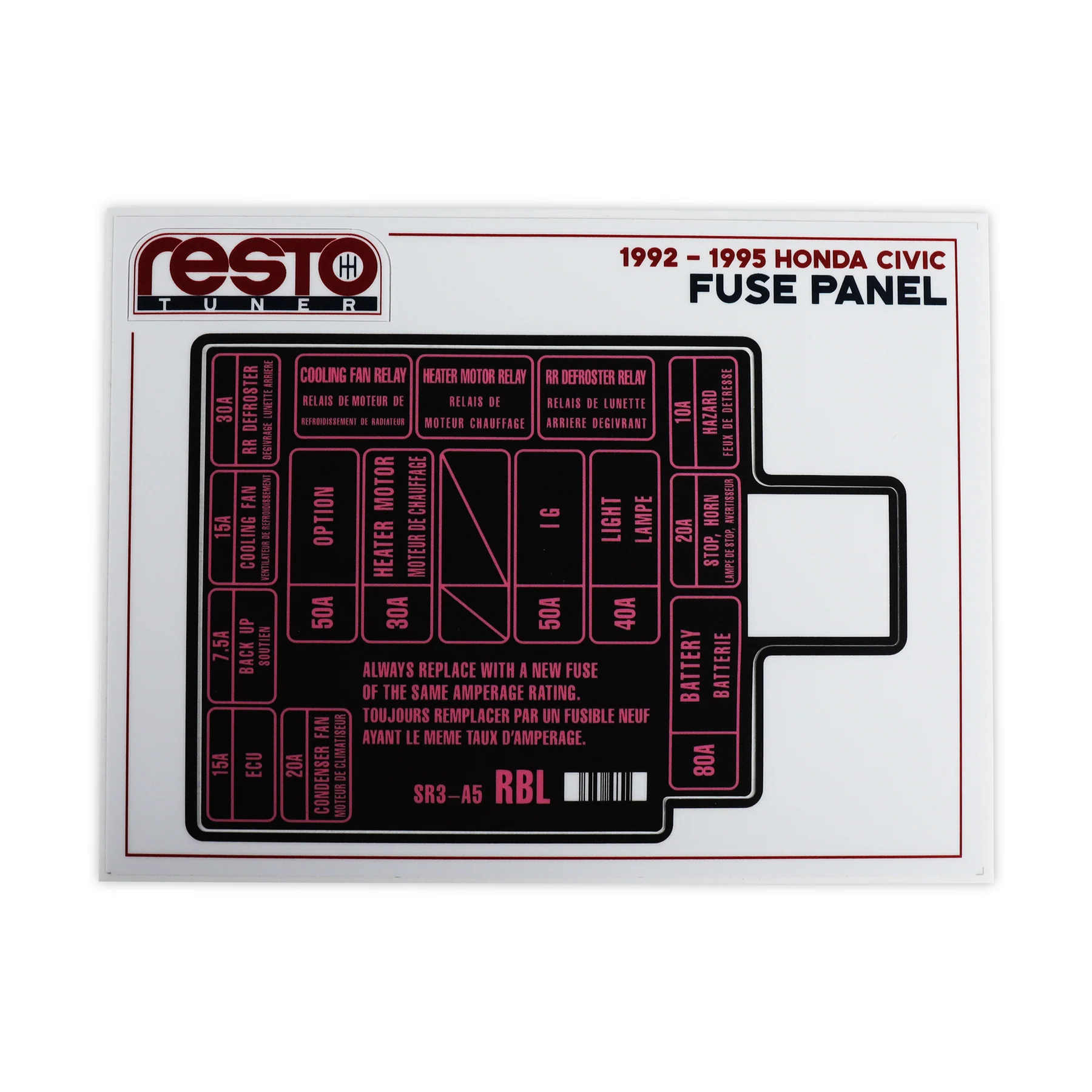RestoTuner 92-95 Honda Civic Engine Fuse Replacement Decal
