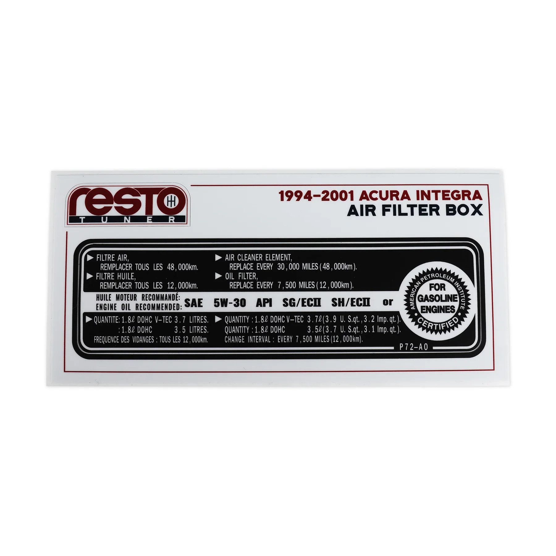 RestoTuner 94-01 Integra Air Filter Box Replacement Decal