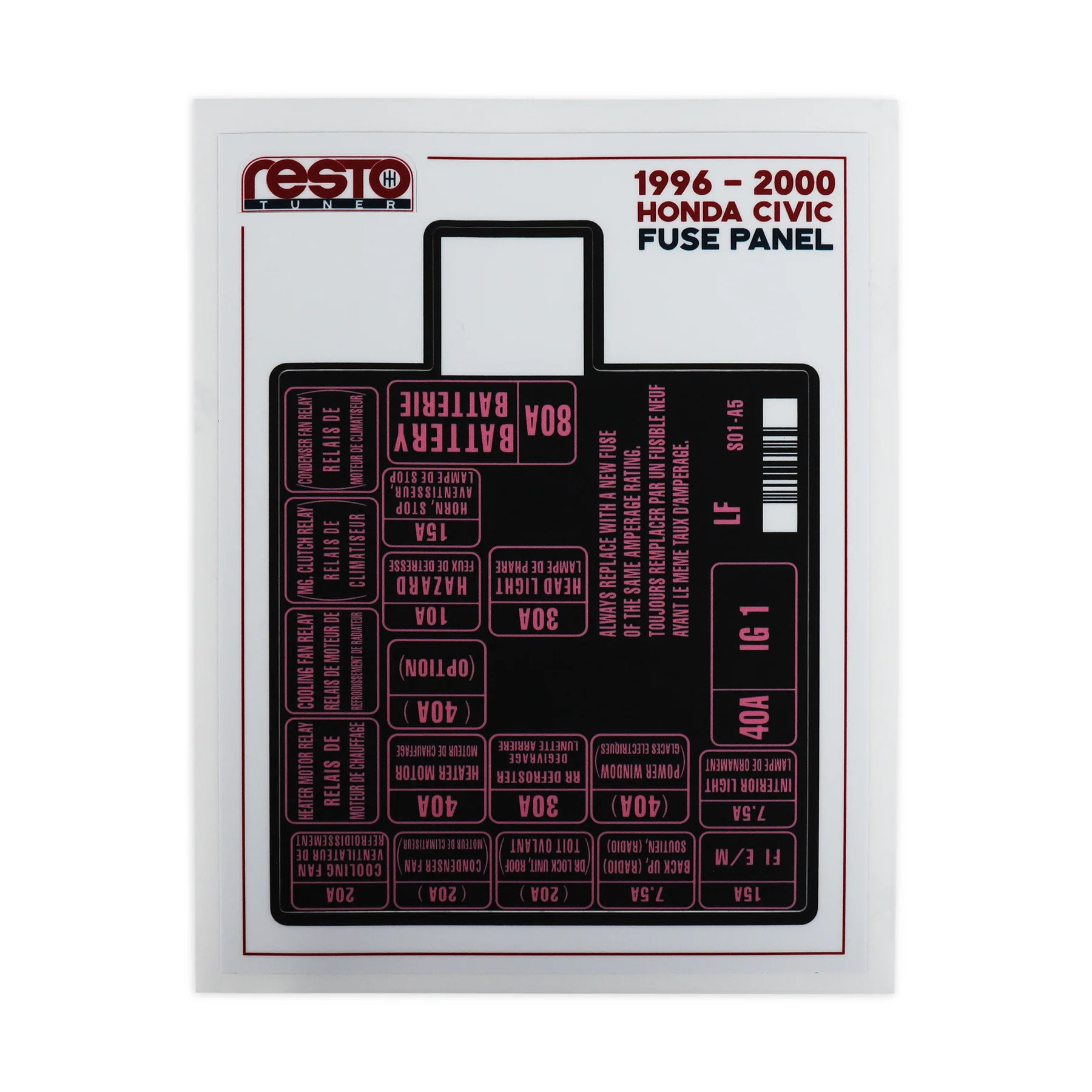 RestoTuner 96-00 Civic Engine Fuse Replacement Decal