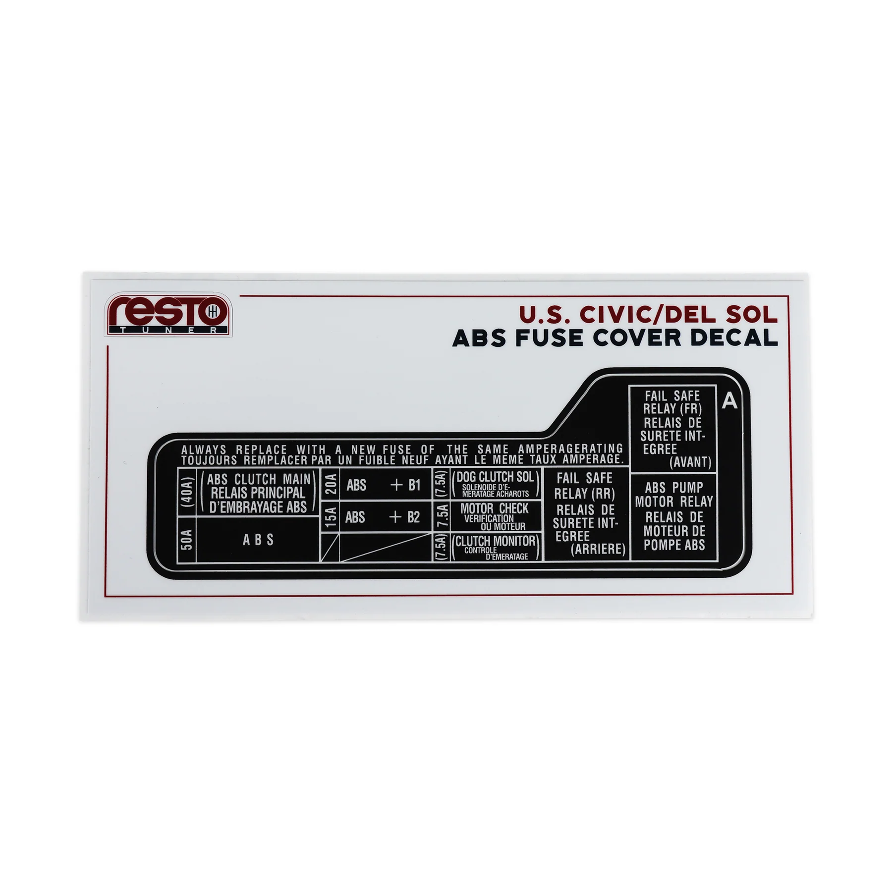 RestoTuner 94-01 Integra / 92-95 Civic USDM ABS Fuse Box Cover Replacement Decal