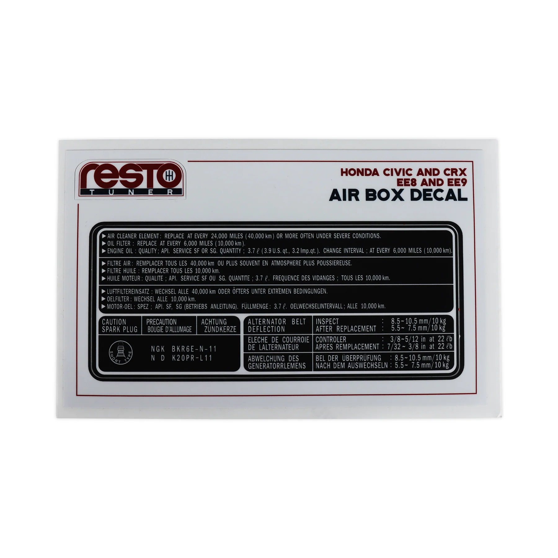RestoTuner 88-91 Civic/CRX EE8/EE9 B16 Air Filter Box Replacement Decal