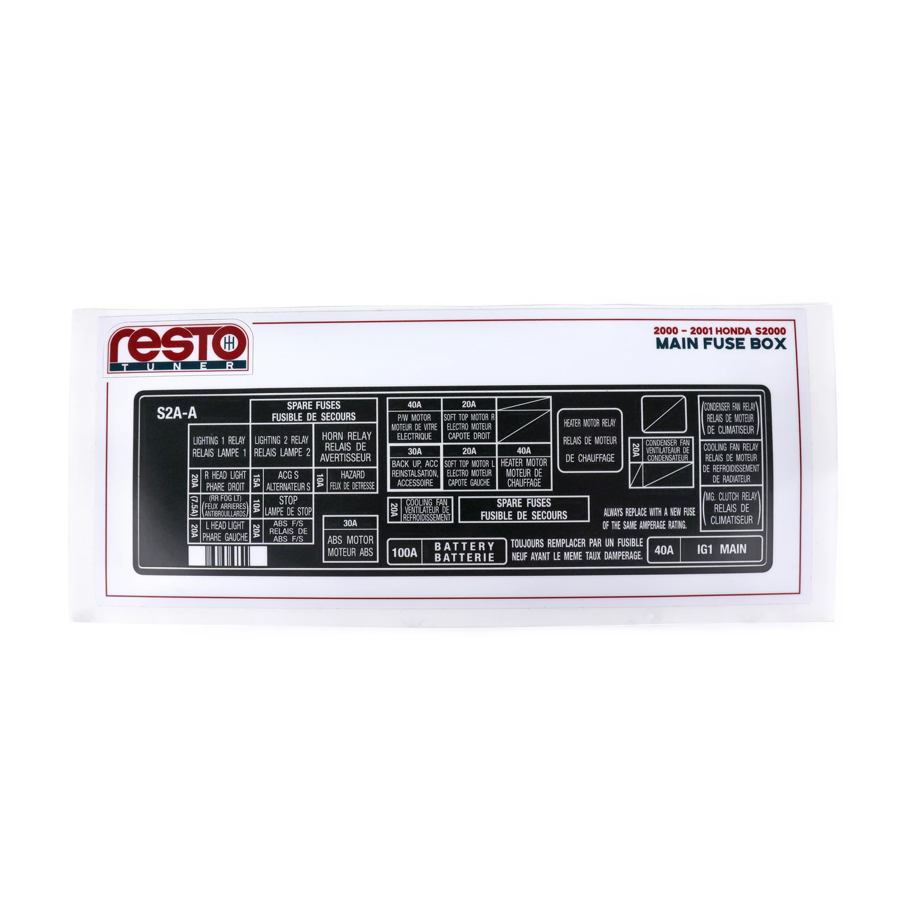 RestoTuner 00-01 S2000 Engine Bay Main Fuse Box Replacement Decal