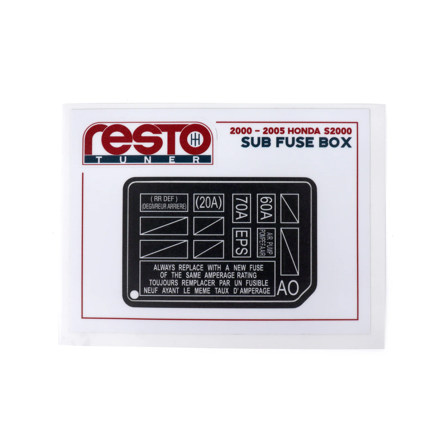 RestoTuner 00-01 S2000 Engine Bay Sub Fuse Box Replacement Decal