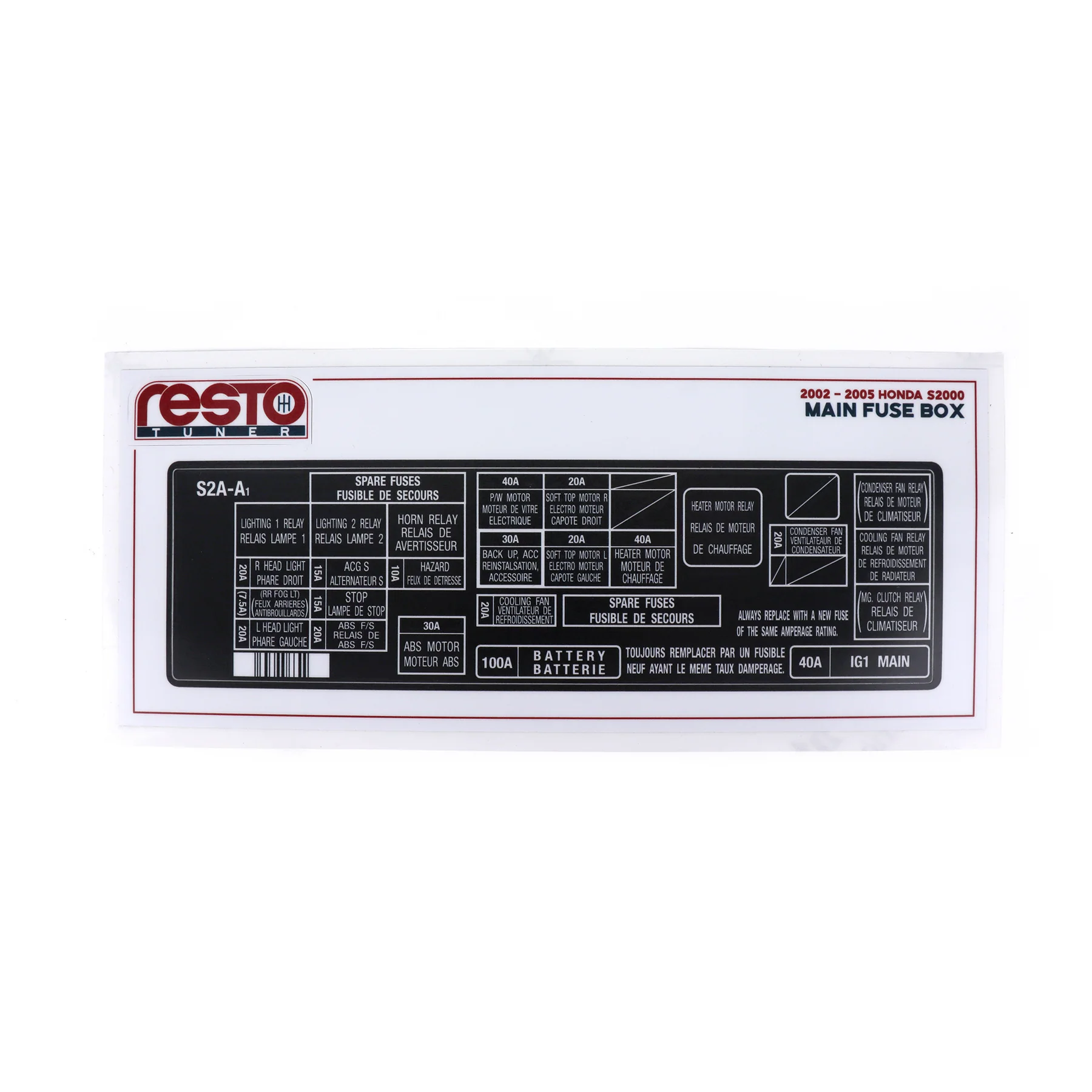 RestoTuner 02-05 S2000 Engine Bay Main Fuse Box Replacement Decal