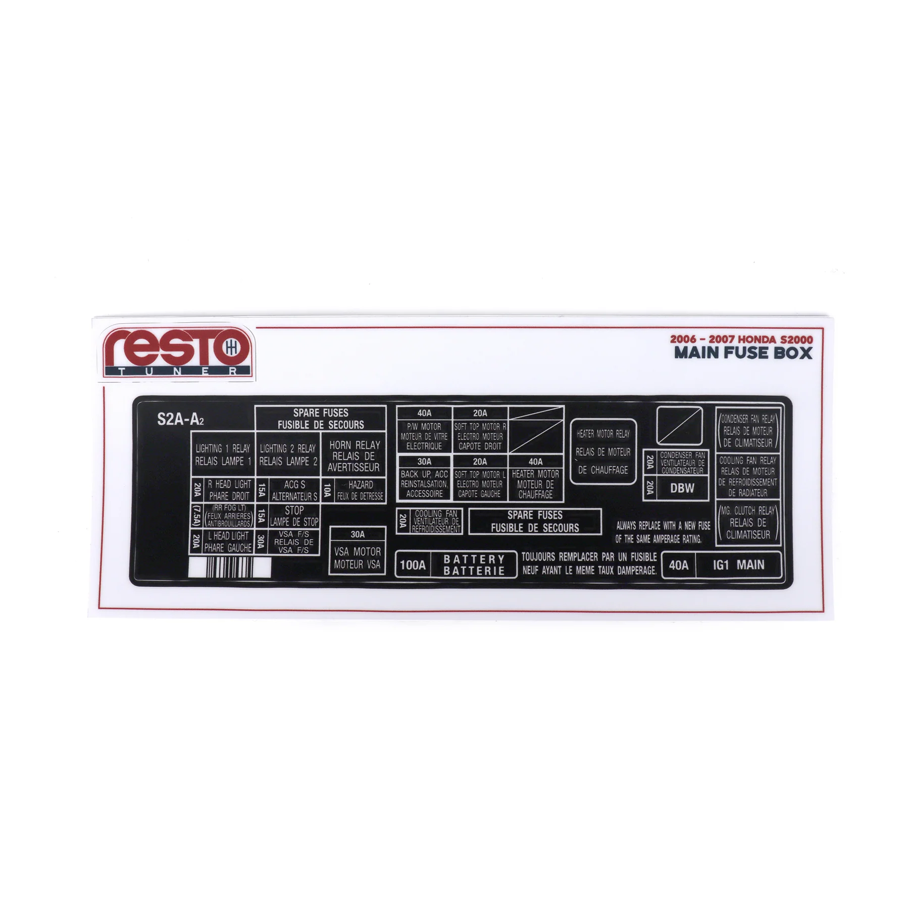 RestoTuner 06-07 S2000 Engine Bay Main Fuse Box Replacement Decal