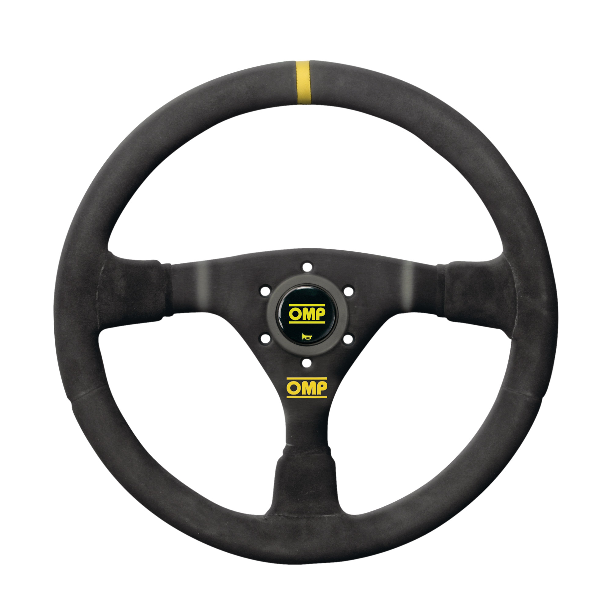 OMP Black Suede 350mm WRC Mid-Depth Dished Steering Wheel with Yellow Centering Mark