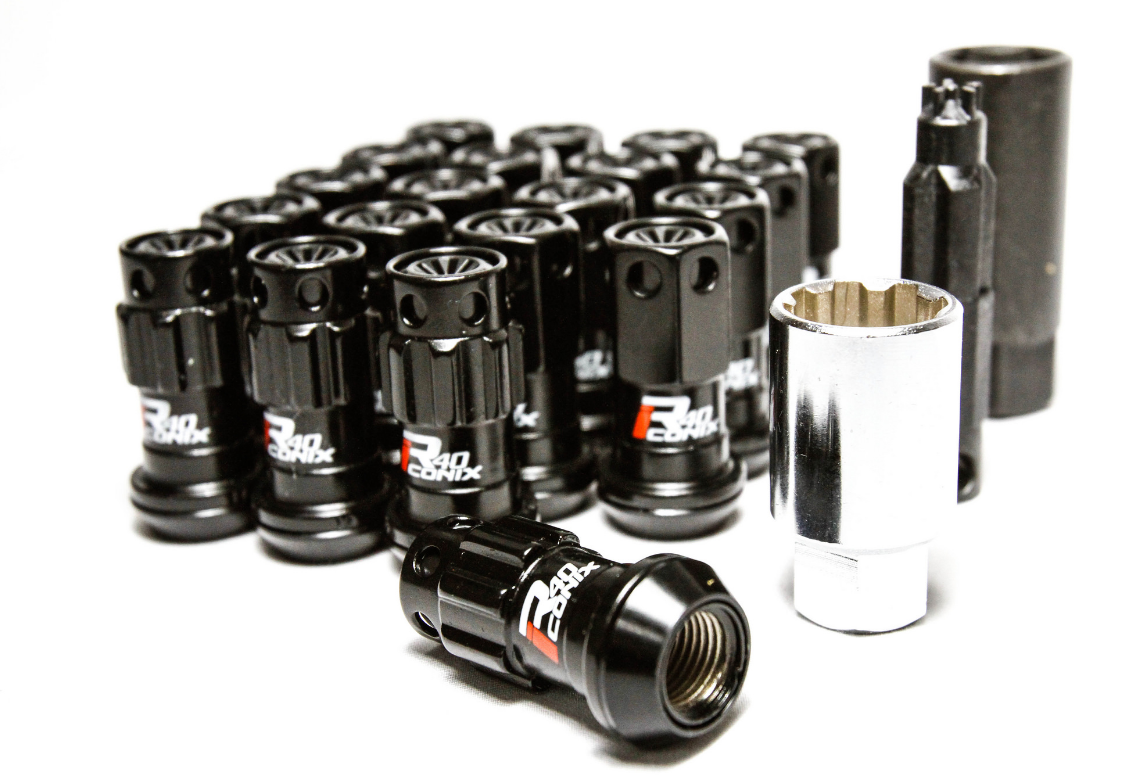Project Kics Black R40 Iconix with Black Plastic Cab M12x1.5 Lug Nut Set: 16 Pieces with 4 Locks