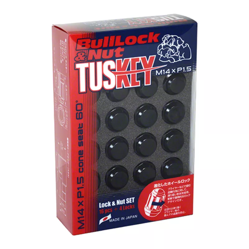 Project Kics Black Tuskey Bullock M14x1.5 Lug Nut Set: 16 Lugs with 4 Locks