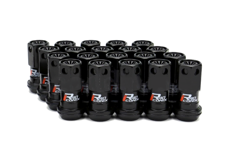 Project Kics Black R40 Iconix with Black Plastic Cab M12x1.5 Lug Nut Set: 20 Pieces without Locks