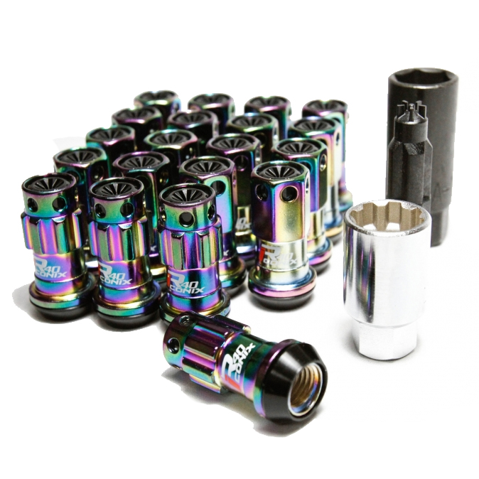 Project Kics Neochrome R40 Iconix with Black Plastic Cab M12x1.5 Lug Nut Set: 16 Pieces with 4 Locks