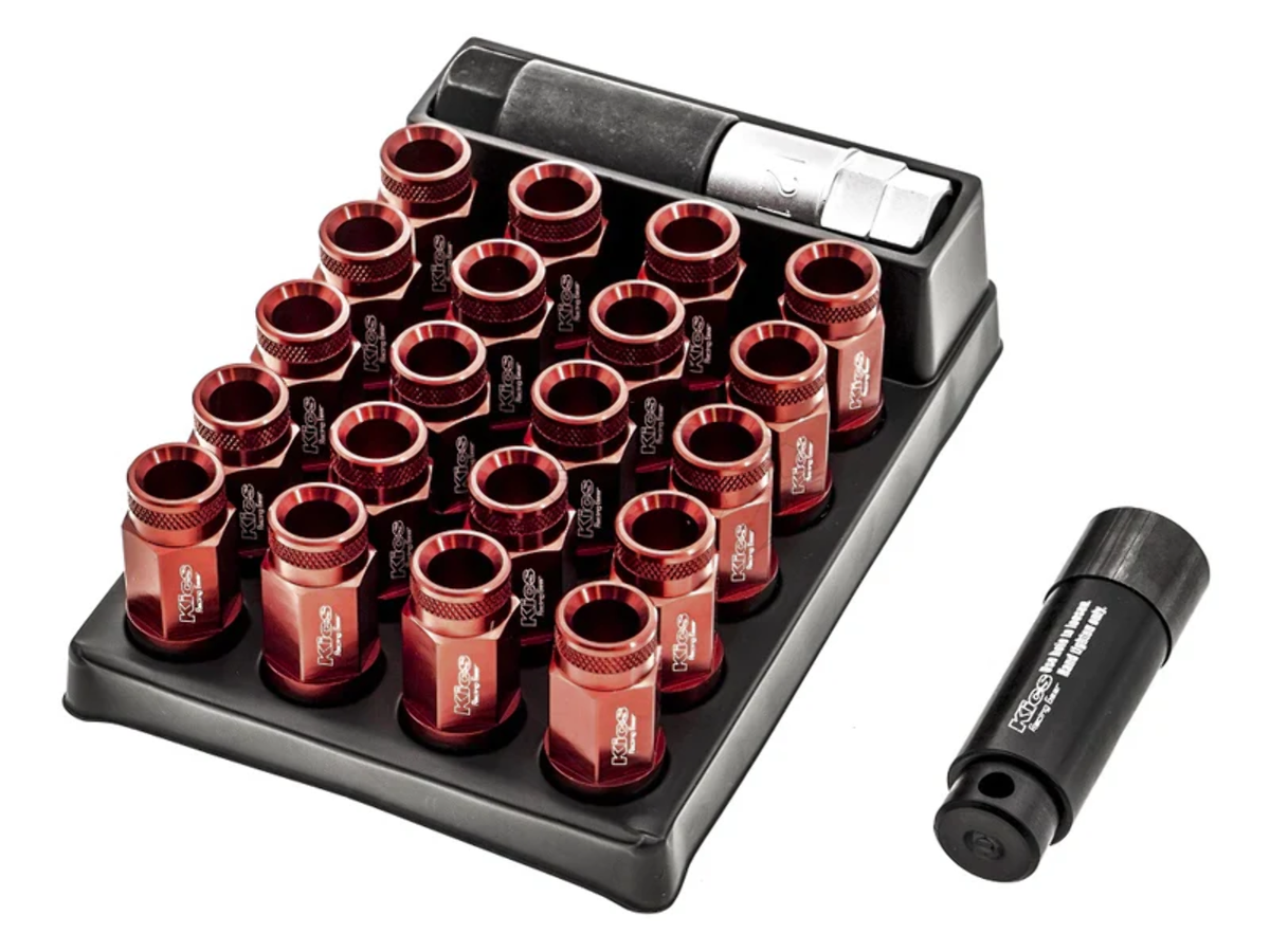 Project Kics Red Leggdura Racing M12x1.5 53mm Open End Lug Nut Set: 16 Pieces with 4 Locks