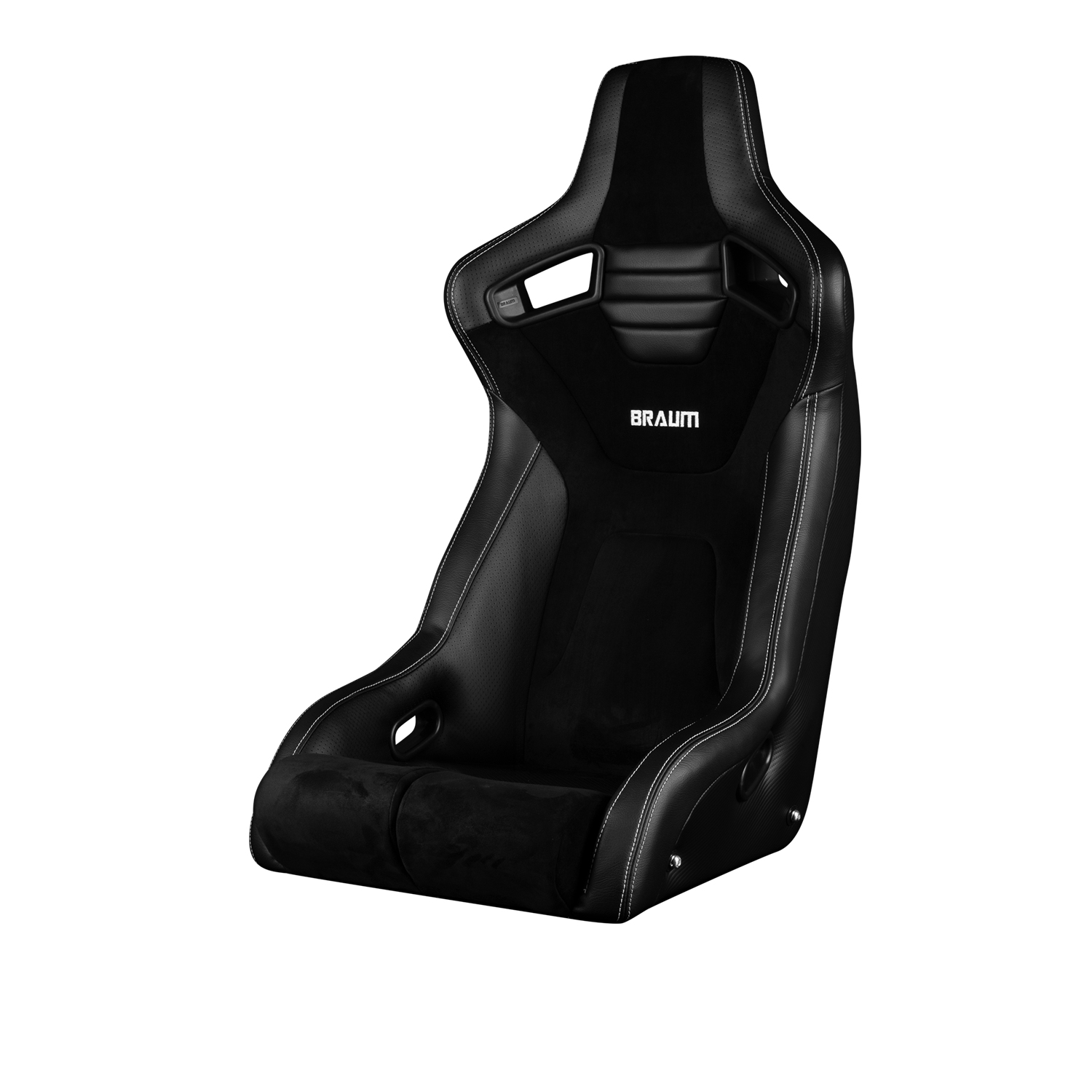 Braum Elite-R Black Leatherette with Black Alcantara and White Stitching Fixed Back Bucket Seat