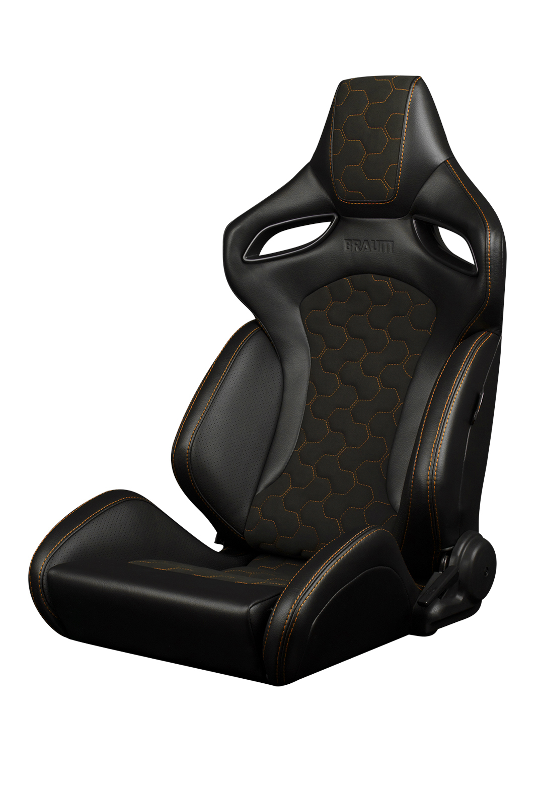 Braum Orue-S Series Black Leatherette with Honeycomb Alcantara and Orange Stitching Reclinable Seats