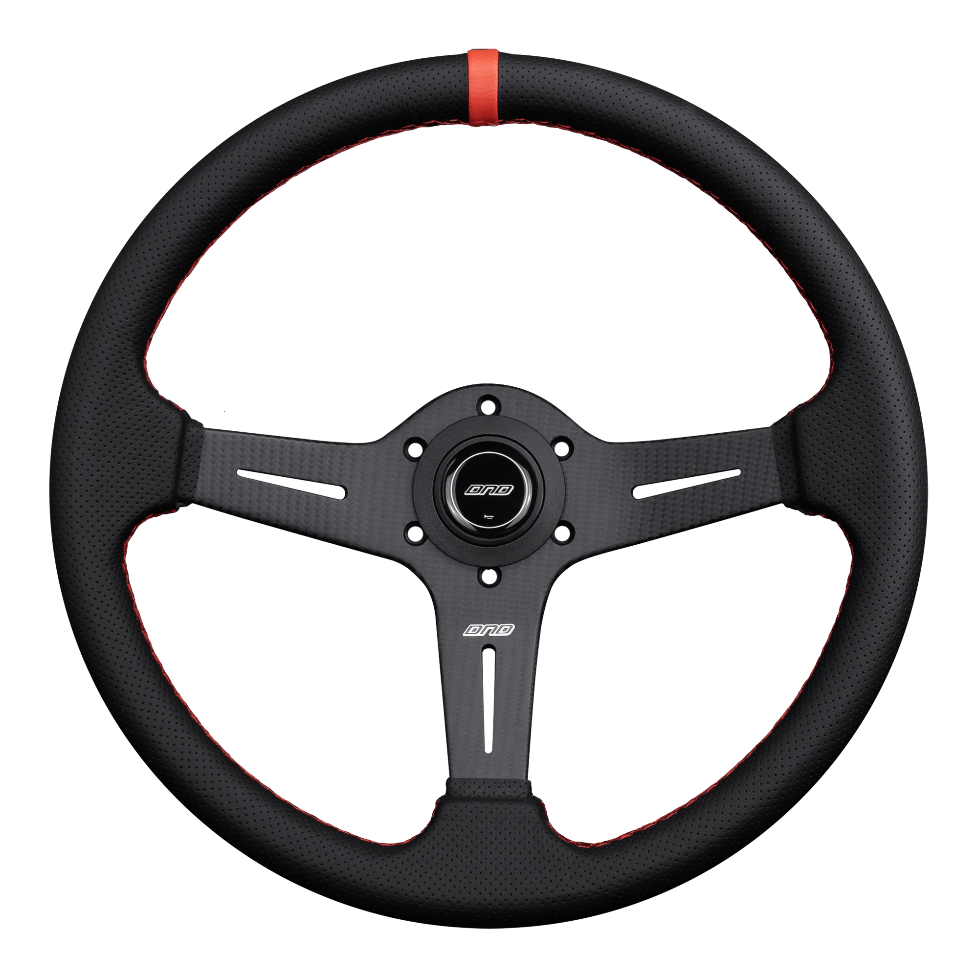 DND 350mm Perforated Leather 60mm Deep Red Stitching Carbon Spoke Race Steering Wheel