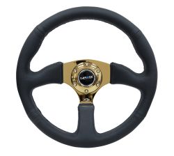 NRG 350mm Black Leather Chrome Gold Spoke Reinforced Steering Wheel