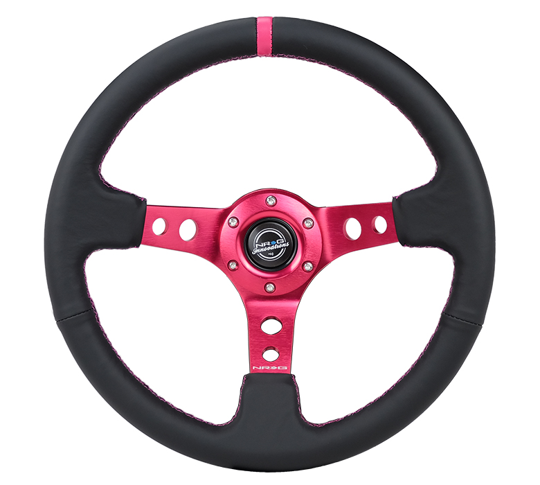 NRG Fushia Center Fushia Stitch Black Leather 350mm Steering Wheel