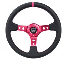 NRG Fushia Center Fushia Stitch Black Leather 350mm Steering Wheel
