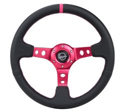 NRG Fushia Center Fushia Stitch Black Leather 350mm Steering Wheel