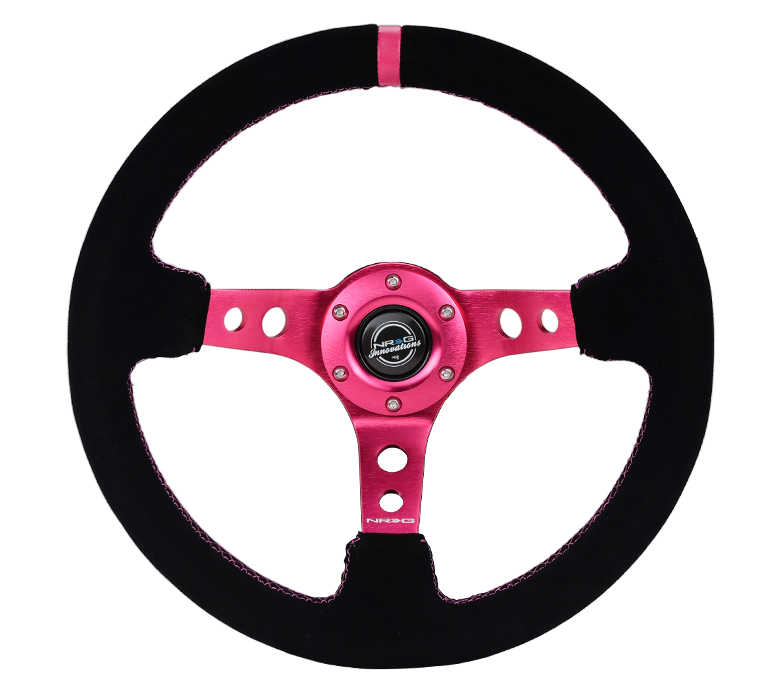 NRG Fushia Center Fushia Stitch Black Suede 350mm Steering Wheel