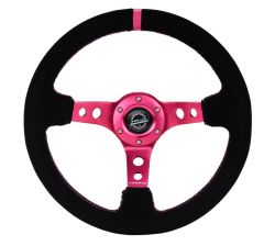 NRG Fushia Center Fushia Stitch Black Suede 350mm Steering Wheel