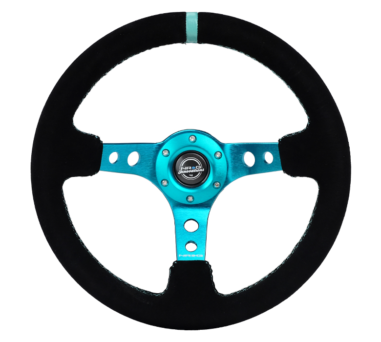 NRG Teal Center Teal Stitch Black Suede 350mm Steering Wheel